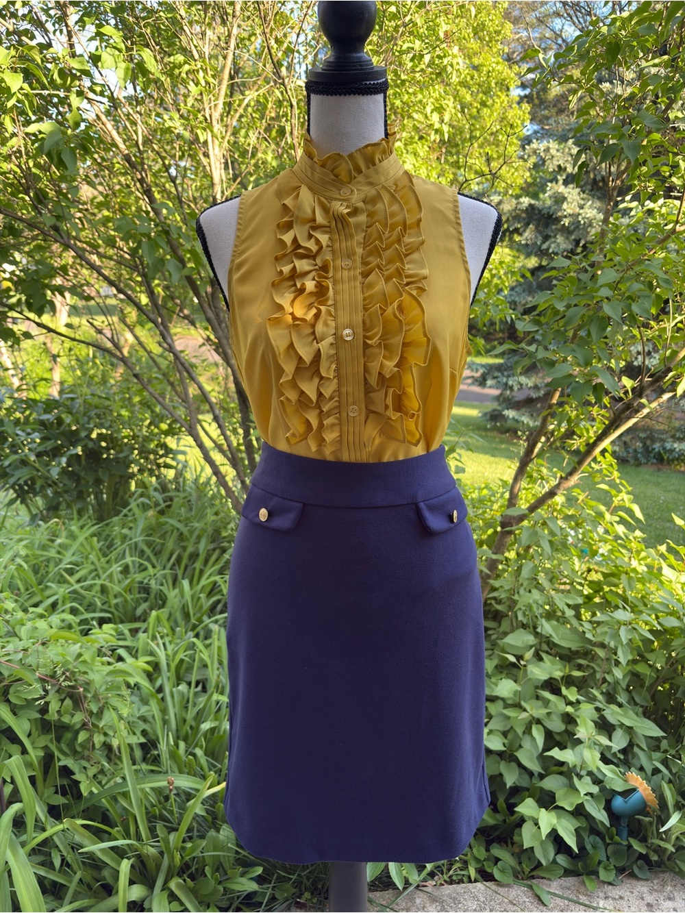 The Limited Navy Pencil Skirt with Gold Button Accents